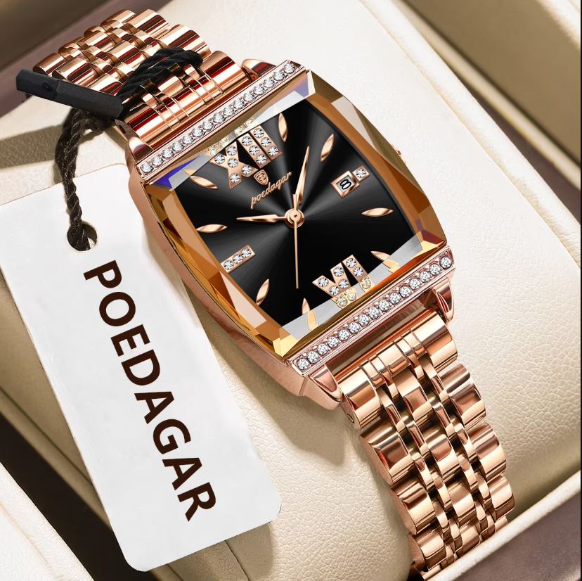 Rose gold watch with black dial on a white box, featuring POEDAGAR brand tag.