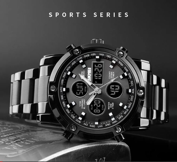 Black sports series watch with digital and analog display on a dark background