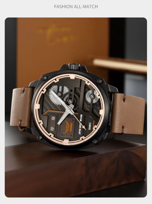 Luxury watch with brown leather strap on a wooden surface