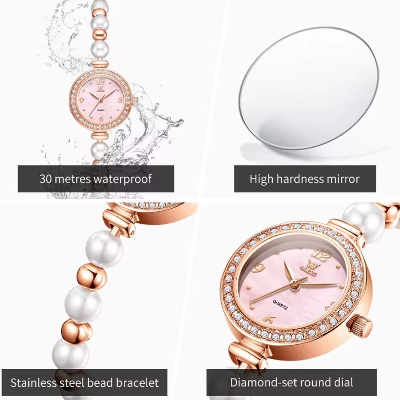 Rose gold watch with pearl bracelet and pink dial on a white background