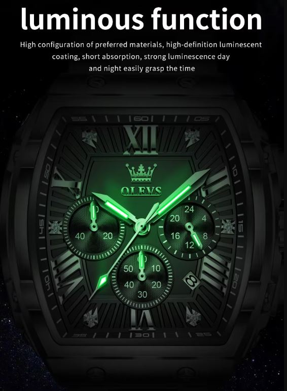 Olevs watch with green glowing face on a black background
