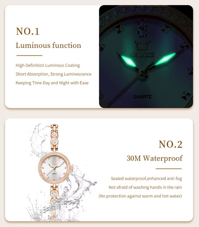 Watch with glowing face and rose gold band, featuring text on luminous function and water resistance.