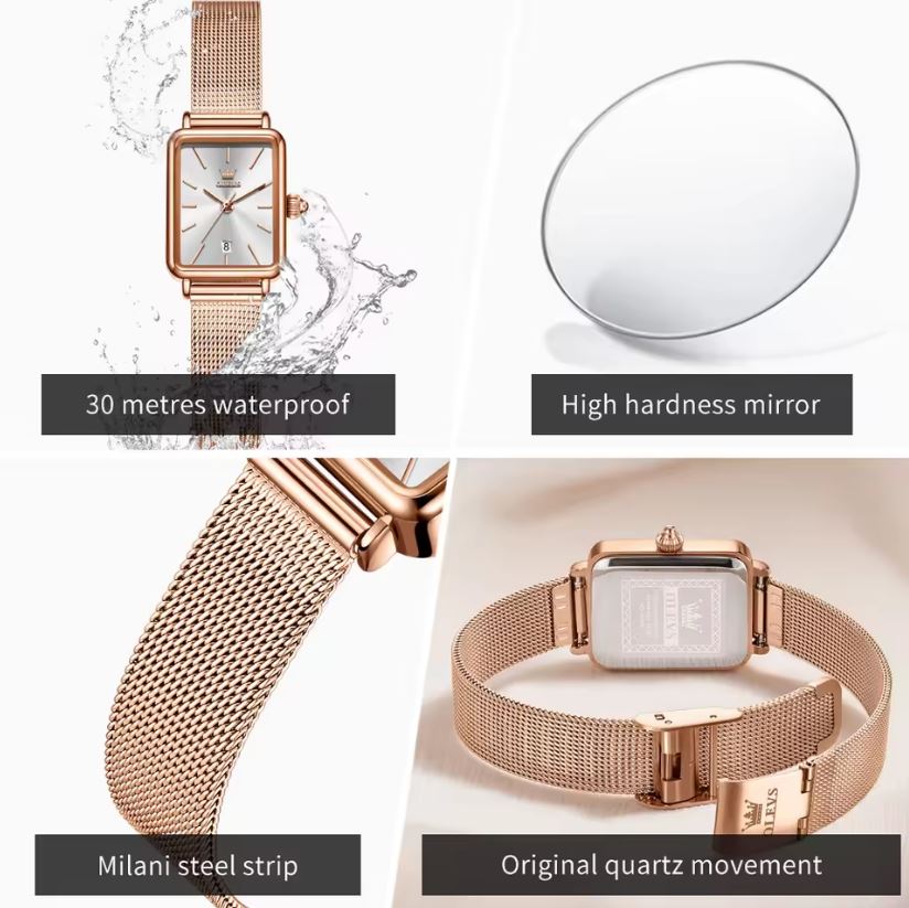 Rose gold watch with mesh band, showing features like waterproof rating and high hardness mirror.