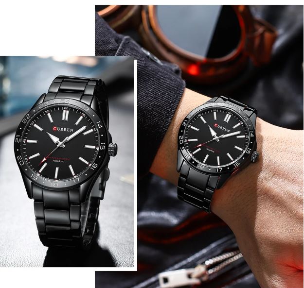 Black Curren watch on a wrist with close-up of watch face