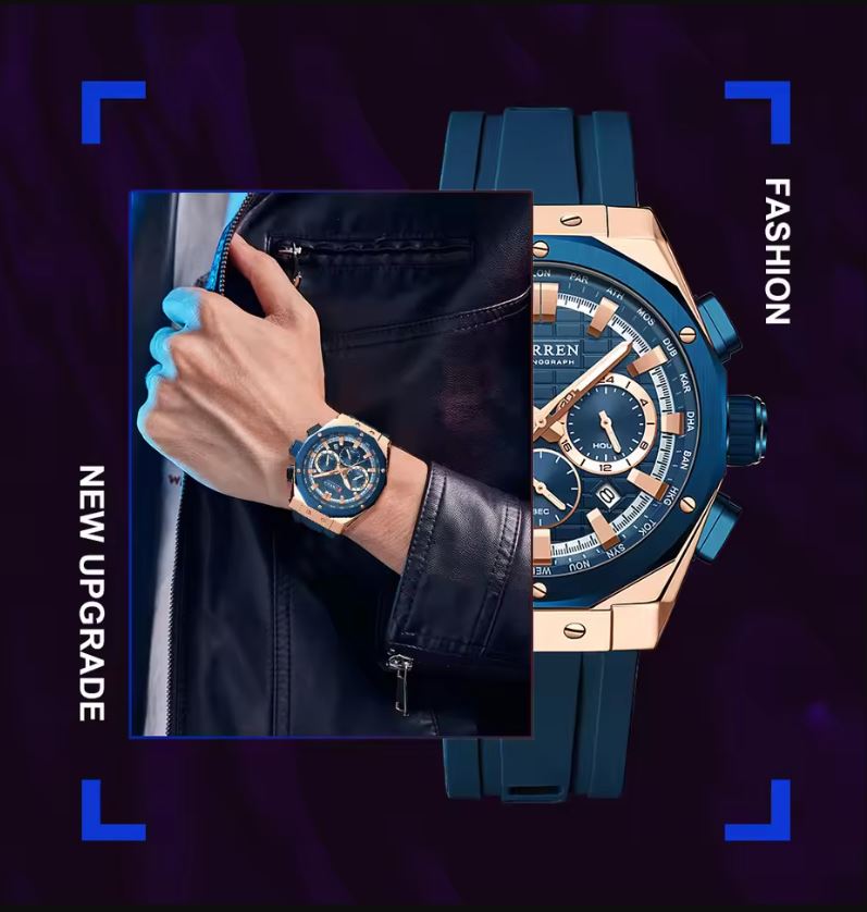 Blue and rose gold watch on a dark background with 'Fashion' text
