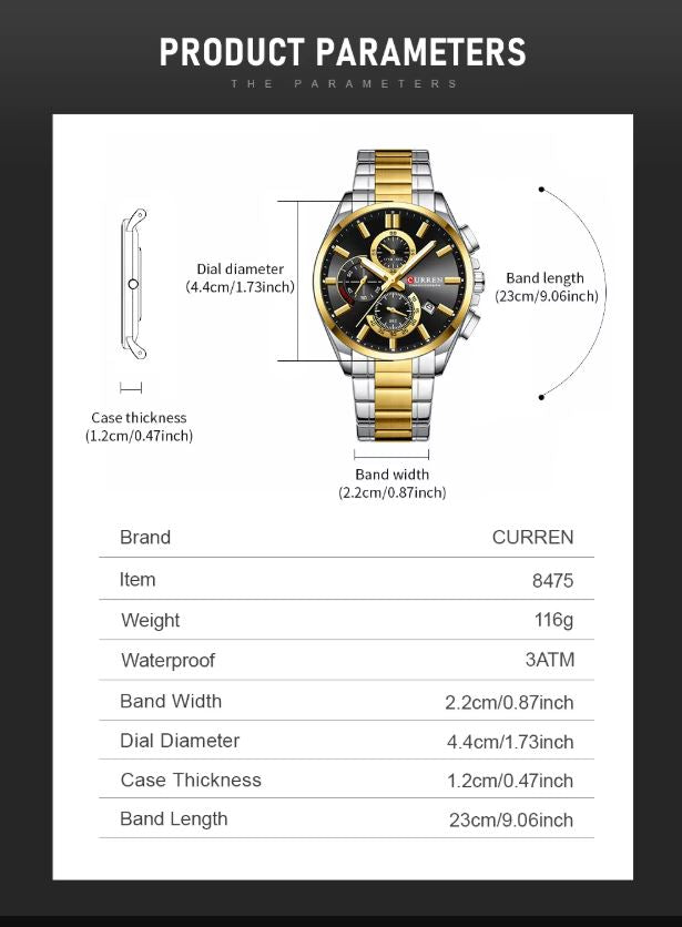 Product parameters of a Curren watch with detailed specifications.