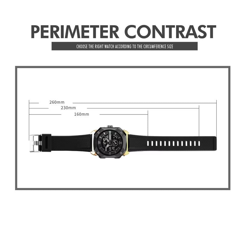 Black watch with measurement chart on a white background