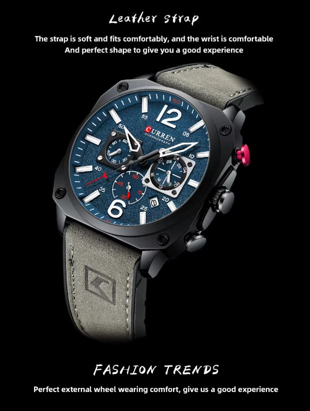 CURREN 8398 Chronograph Men’s Watch – Blue Dial Grey Leather Strap