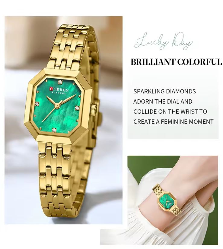 Gold watch with green gemstone face on a white background, featuring text about the watch's design.