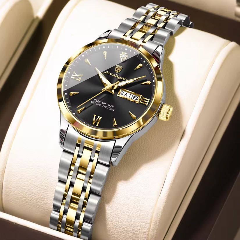 POEDAGAR 504 Women’s Quartz Watch Gold Black – Stainless Steel Band & Complete Calendar Design (Copy)