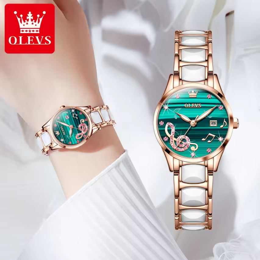 Two green watches with rose gold and white straps on a white background, featuring the OLEVS brand.