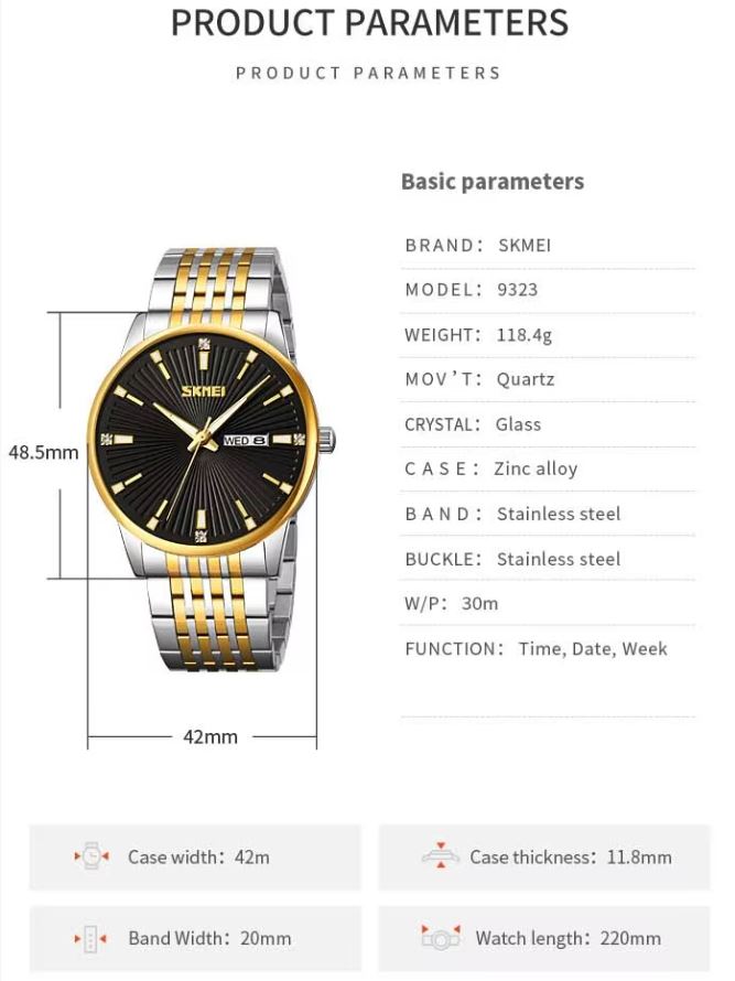 SKMEI 9323 Luxury Men’s Quartz Watch White Dial– Stainless Steel Strap, Luminous Date Display