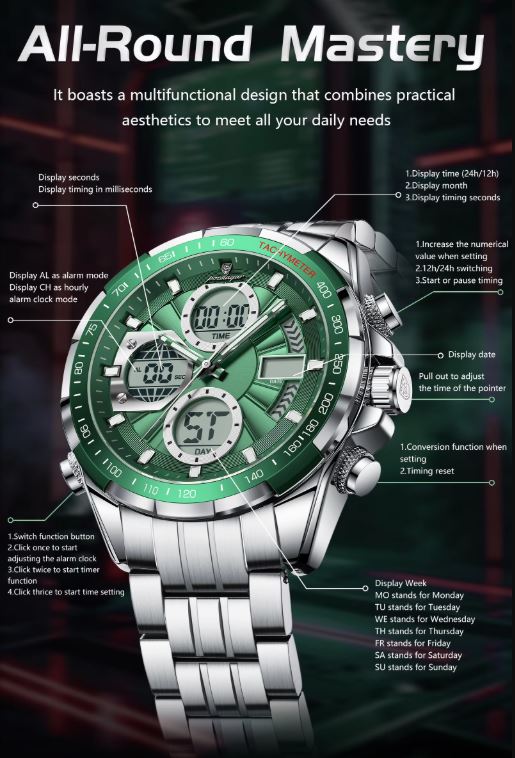 Multifunctional watch with digital and analog display on a dark background