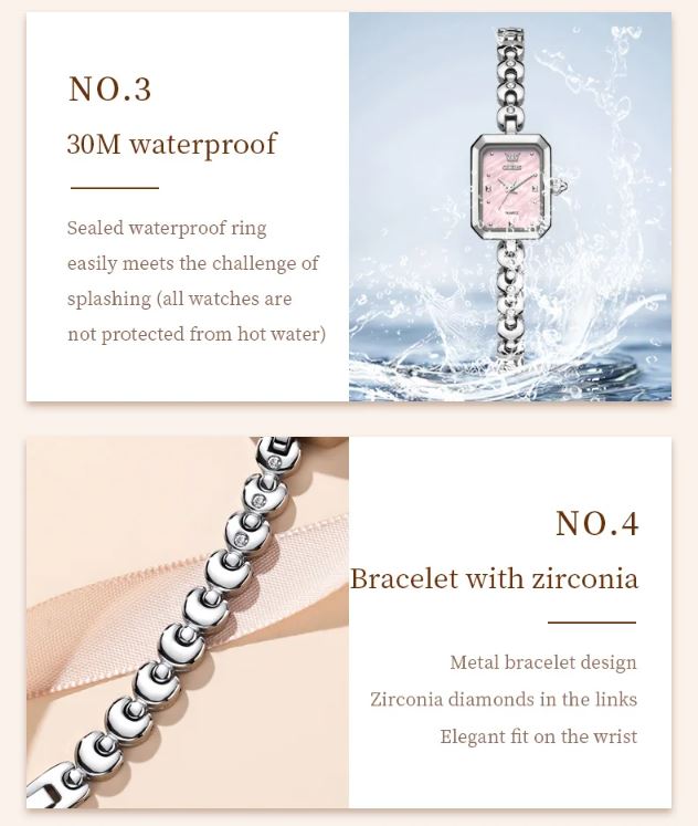 Watch with pink face and silver bracelet, featuring waterproof and zirconia bracelet details.