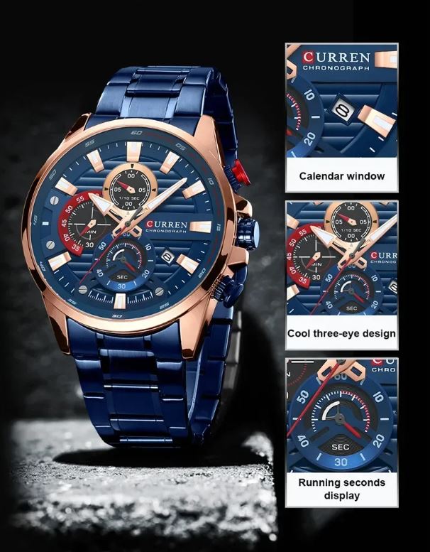 Blue Curren watch with detailed face and features on a dark background