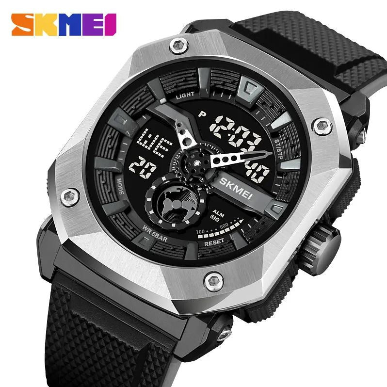 Skmei watch with black strap and silver case on a white background