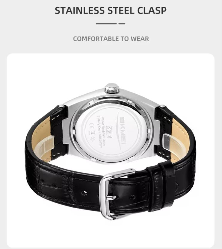 Watch with black leather strap and stainless steel clasp on a white background