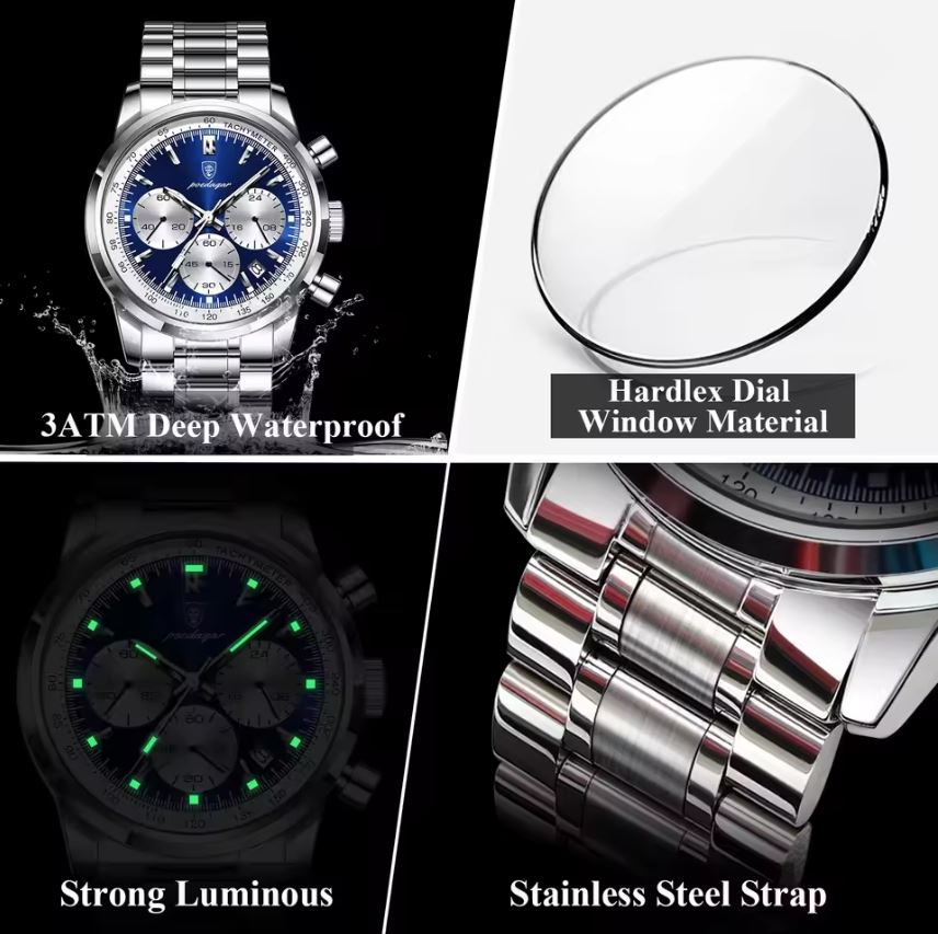 Collage of a silver watch with features highlighted on a black background
