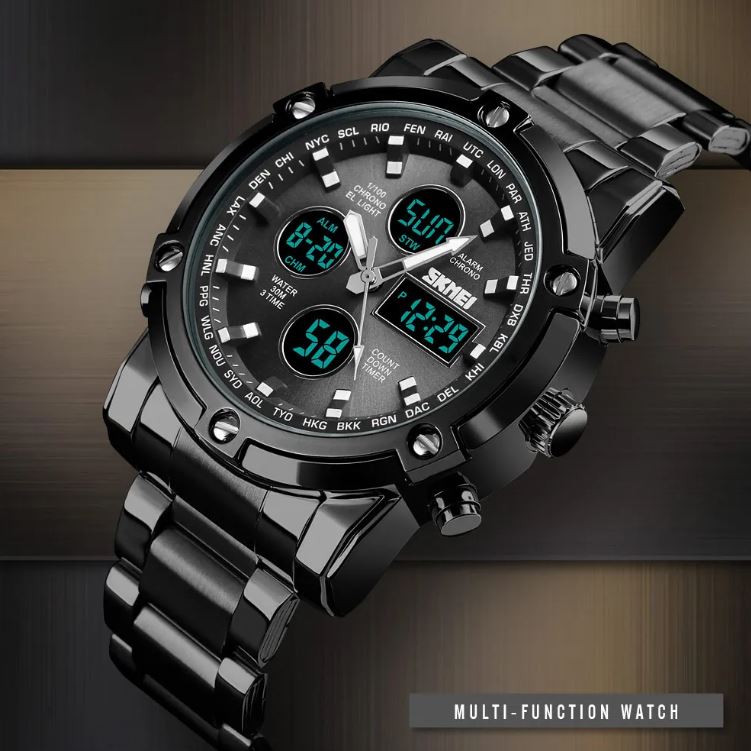 Black multi-function watch with digital and analog display on a dark background
