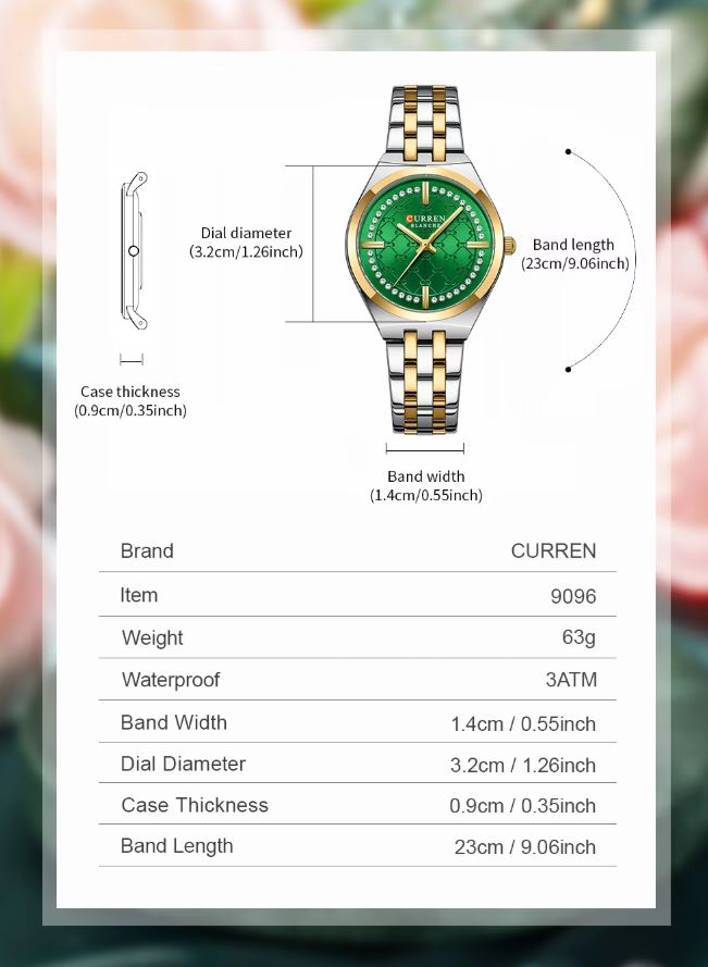 Wristwatch with detailed specifications on a blurred floral background