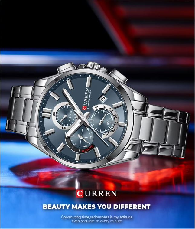 Silver Curren watch with a blue face on a colorful background