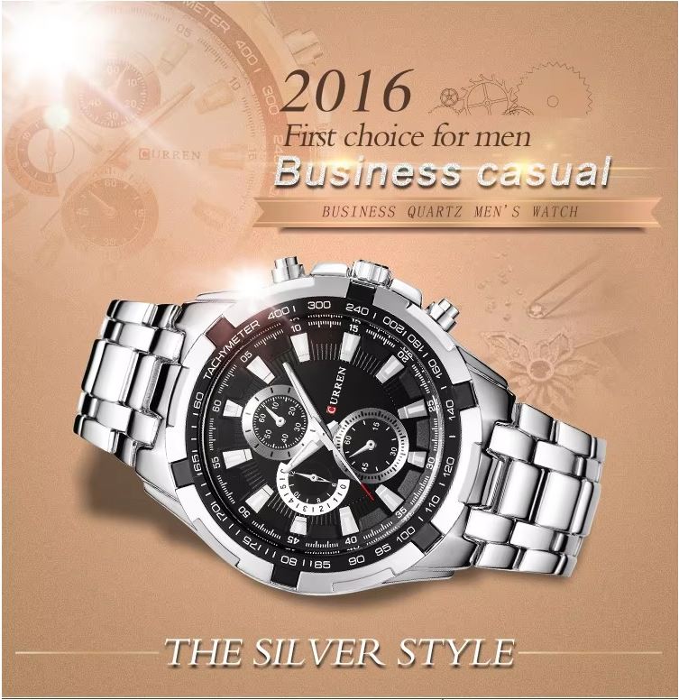 Silver men's watch with a brown background and text about business casual style.