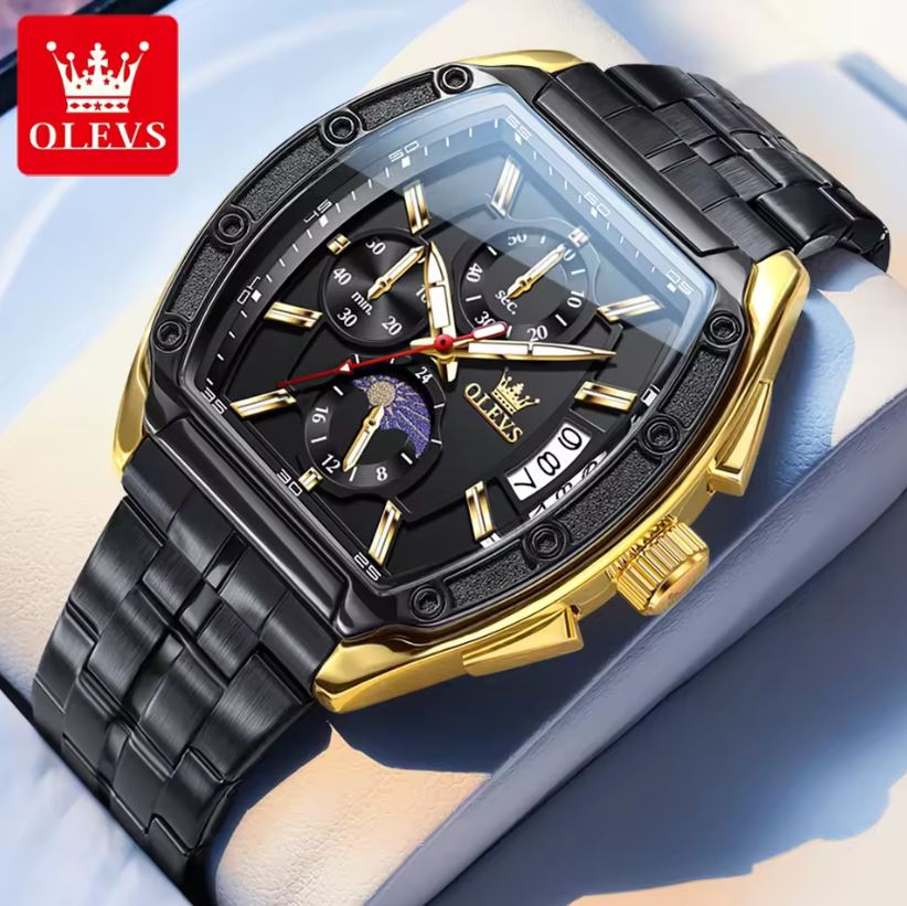 Luxury watch with black and gold design on a light blue background, featuring the brand 'OLEVS'.