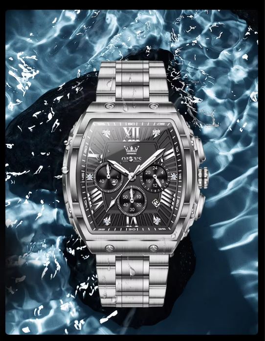Luxury watch with a black face and silver band on a water-themed background