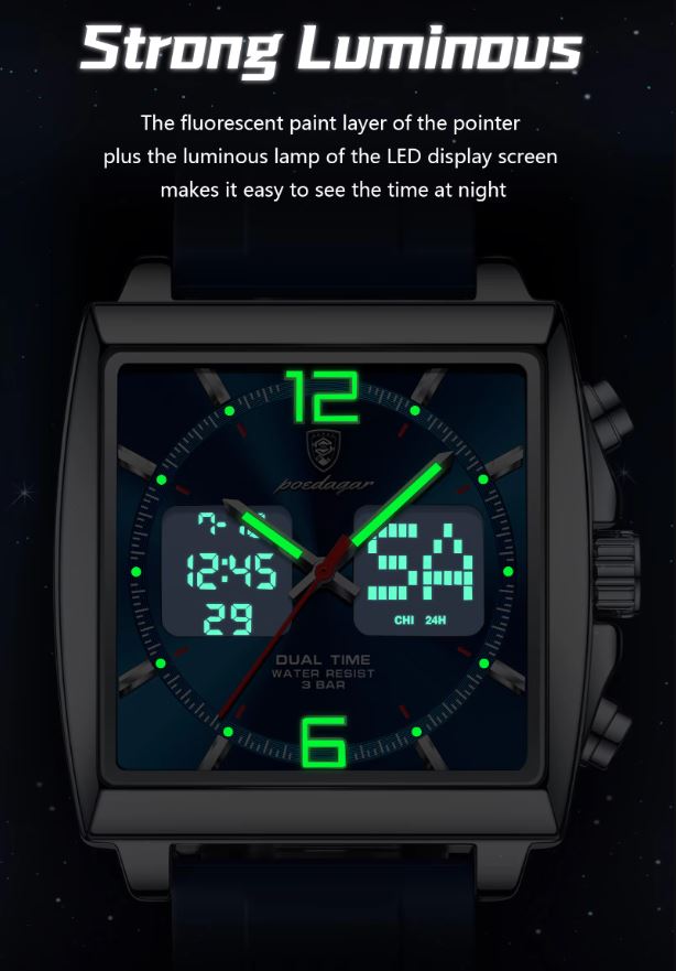 Digital watch with green LED display on a dark background