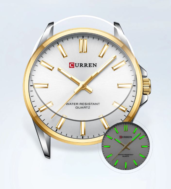 Gold and silver watch with Curren branding on a light gray background