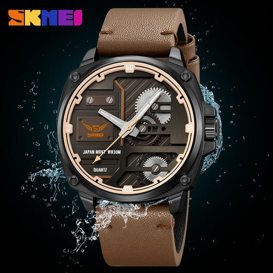 Skmei watch with brown leather strap and detailed face on a dark background