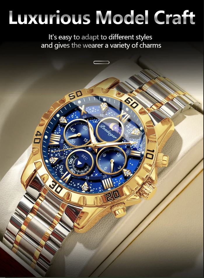Luxurious gold and silver watch with blue face on a light background