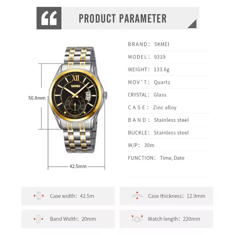 SKMEI 9319 Men’s Quartz Watch – 42.5mm Business Fashion Stainless Steel Band