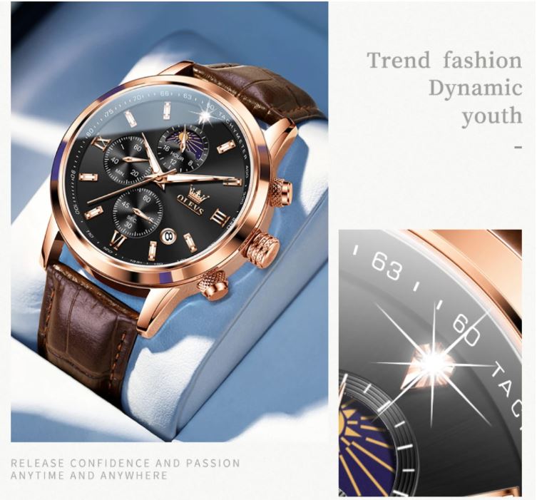 Luxury watch with brown leather strap and rose gold casing on a blue background