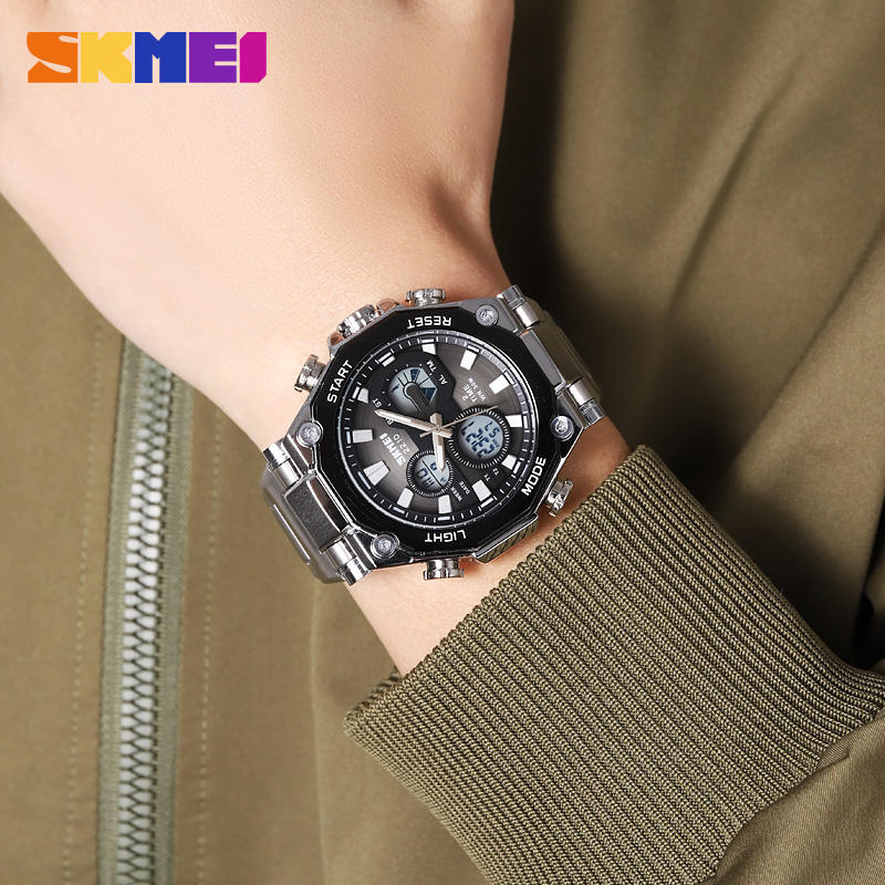 Skmei watch on a person's wrist with a green jacket background
