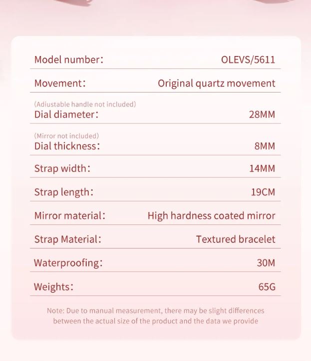 Product specifications table for a watch on a light pink background