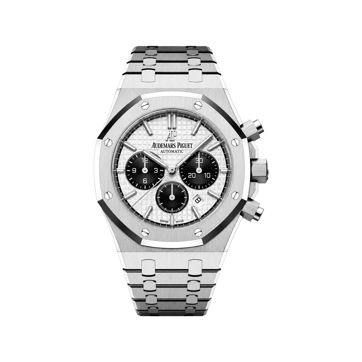 Audemars Piguet Royal Oak Off-White chronograph watch with a silver-toned stainless steel case and integrated bracelet, featuring a textured white dial with black subdials.