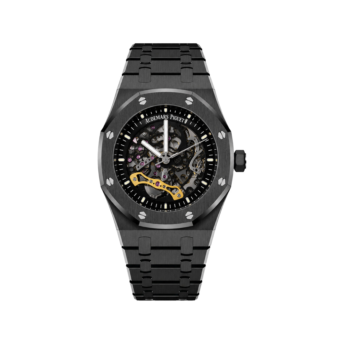 Audemars Piguet Black Skeleton Automatic Men’s Watch with Integrated Metal Bracelet