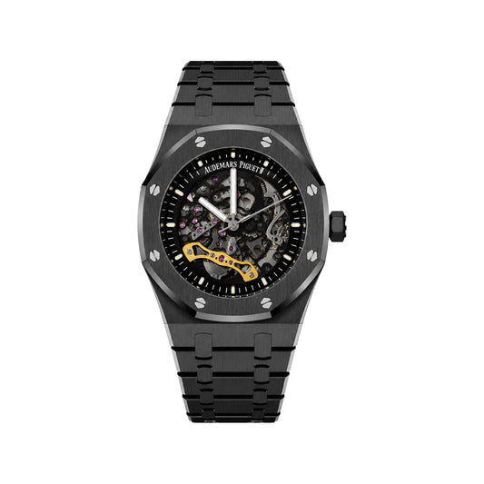 Audemars Piguet Black Skeleton Automatic Men’s Watch with Integrated Metal Bracelet