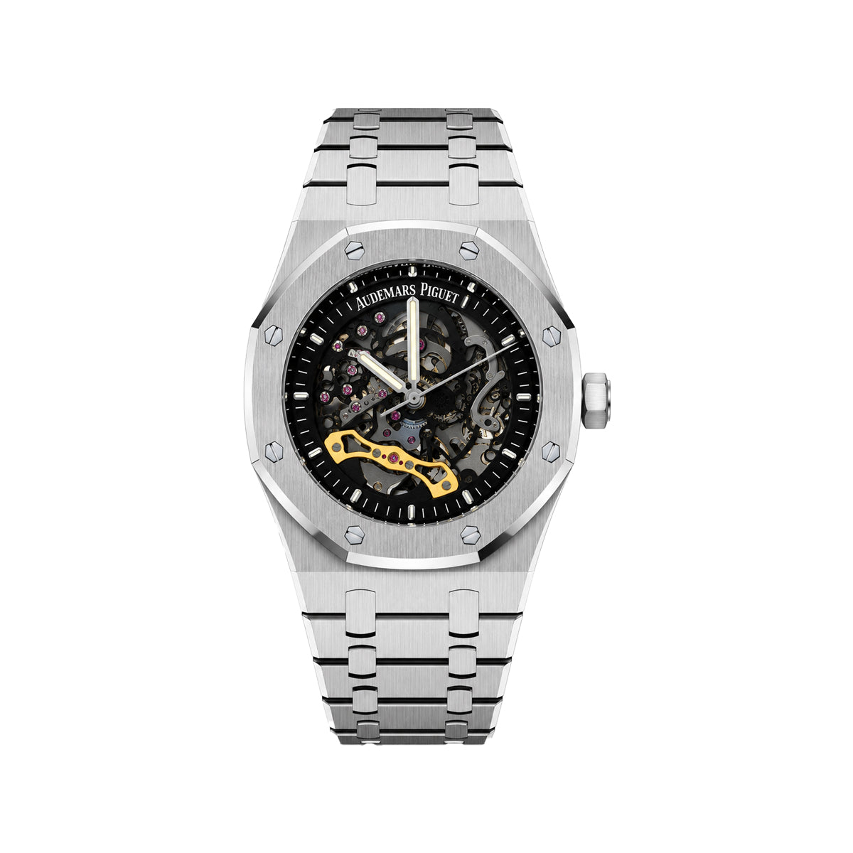 Audemars Piguet Silver Skeleton Automatic Men’s Watch with Integrated Metal Bracelet