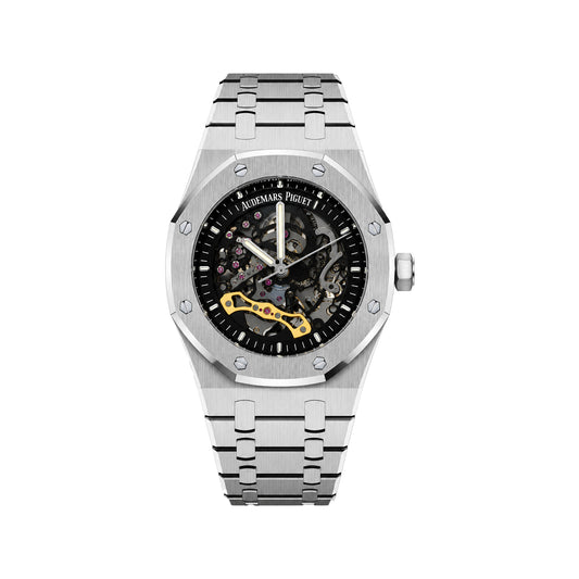 Audemars Piguet Silver Skeleton Automatic Men’s Watch with Integrated Metal Bracelet