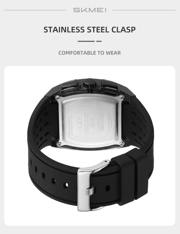 SKMEI 2606 Men’s Big Tonneau Sports Watch Black– Multi Functional Waterproof Quartz Wristwatch