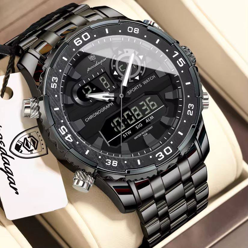 POEDAGAR 122 Luxury Dual Time LED Watch Black – Waterproof Digital Stainless Steel Men’s Wristwatch