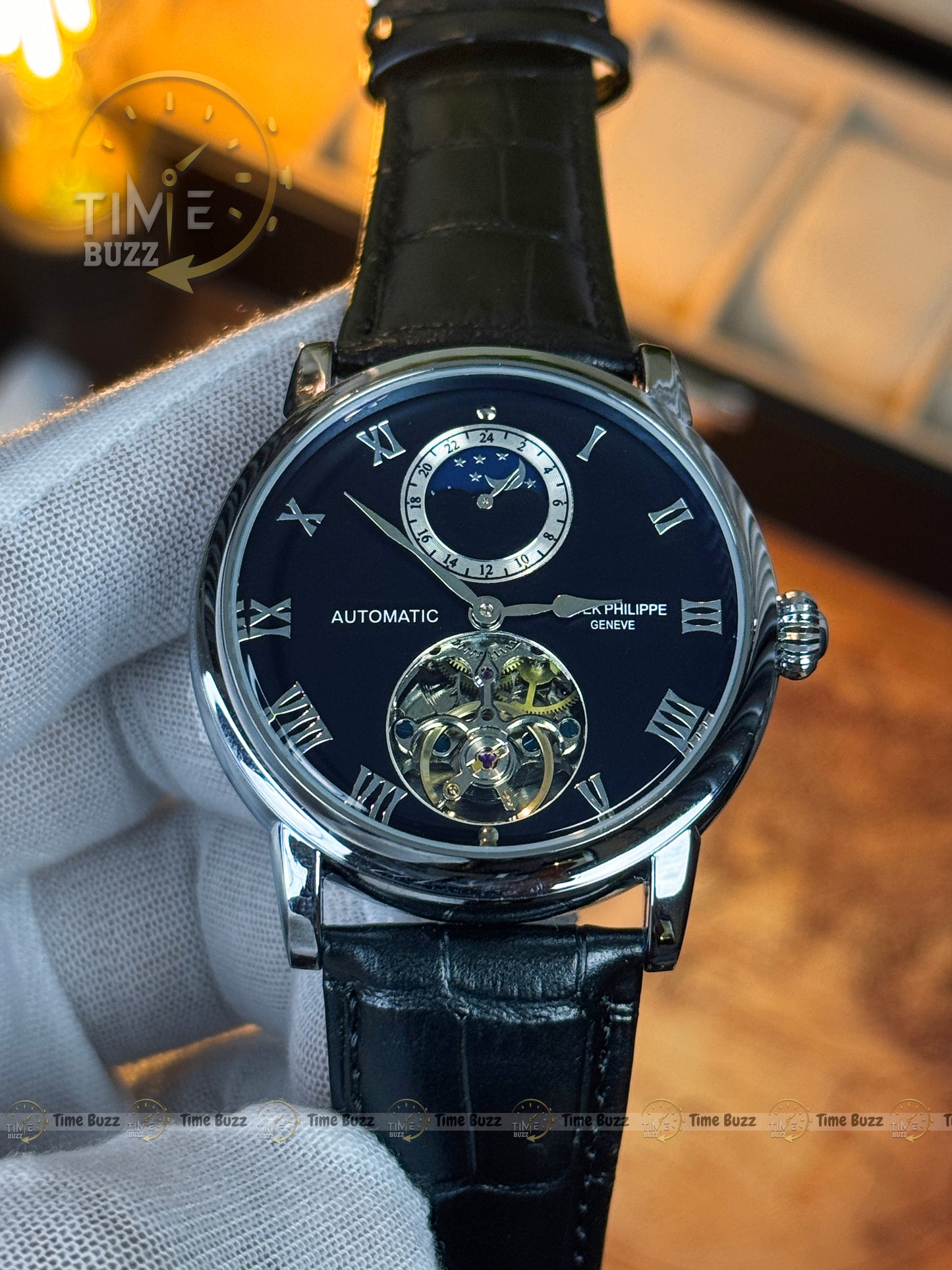 Patek Philippe Automatic Open Heart Moonphase Style Watch – Black Dial & Leather Strap