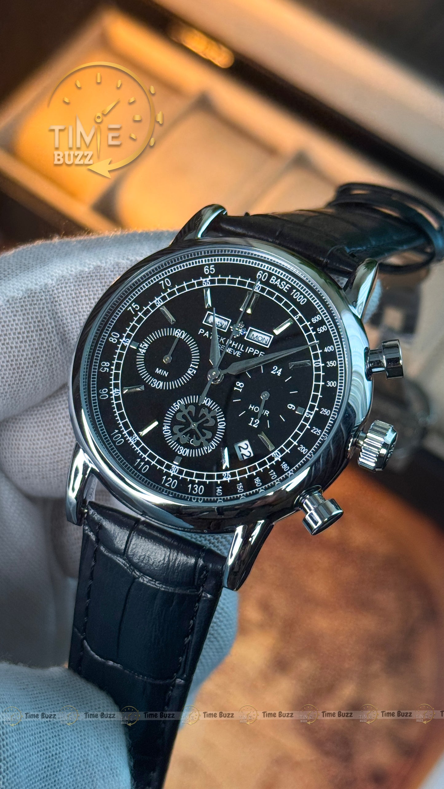Patek Philippe Geneve Men's Chronograph Watch – Black Dial, Day-Date & Black Leather Strap