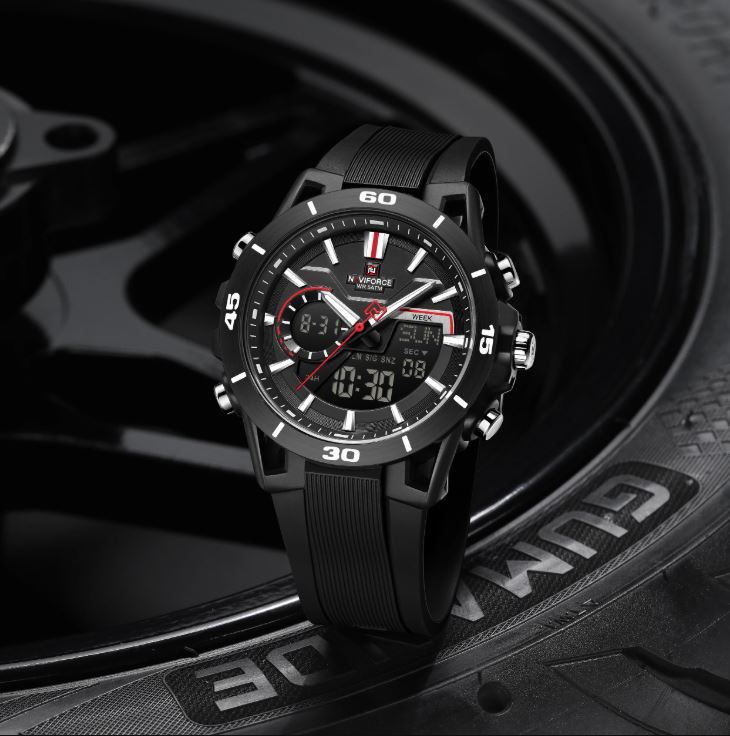 NAVIFORCE 7135 Men’s Dual Display Sports Watch Black– Luminous 50M Waterproof Digital Quartz Wristwatch