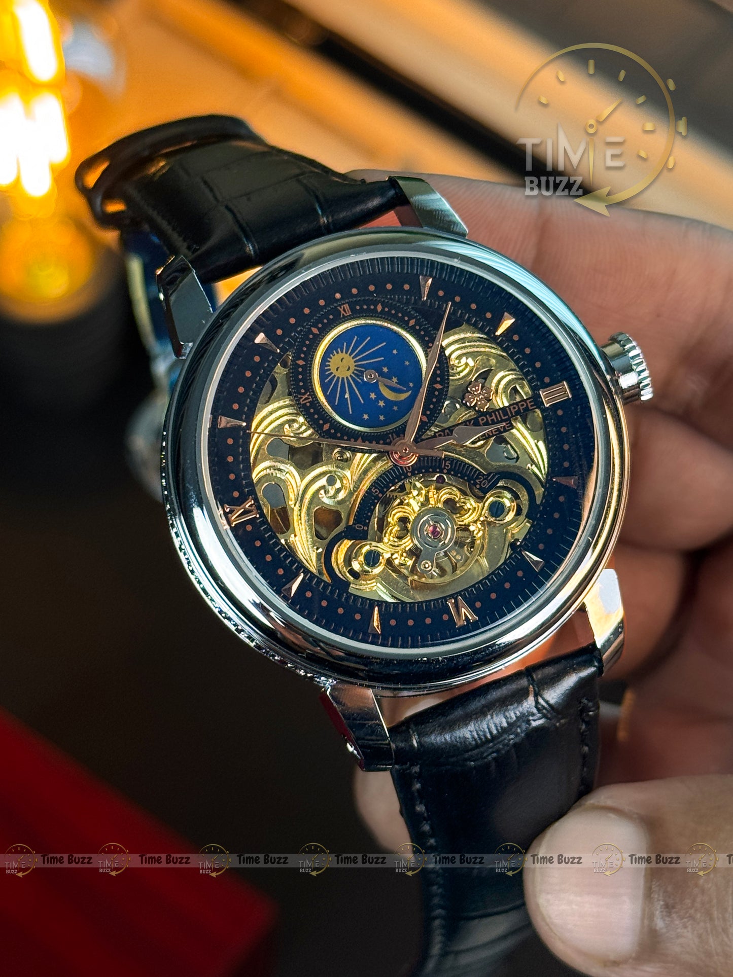 Patek Philippe Skeleton Moonphase Men’s Watch – Black Leather Strap
