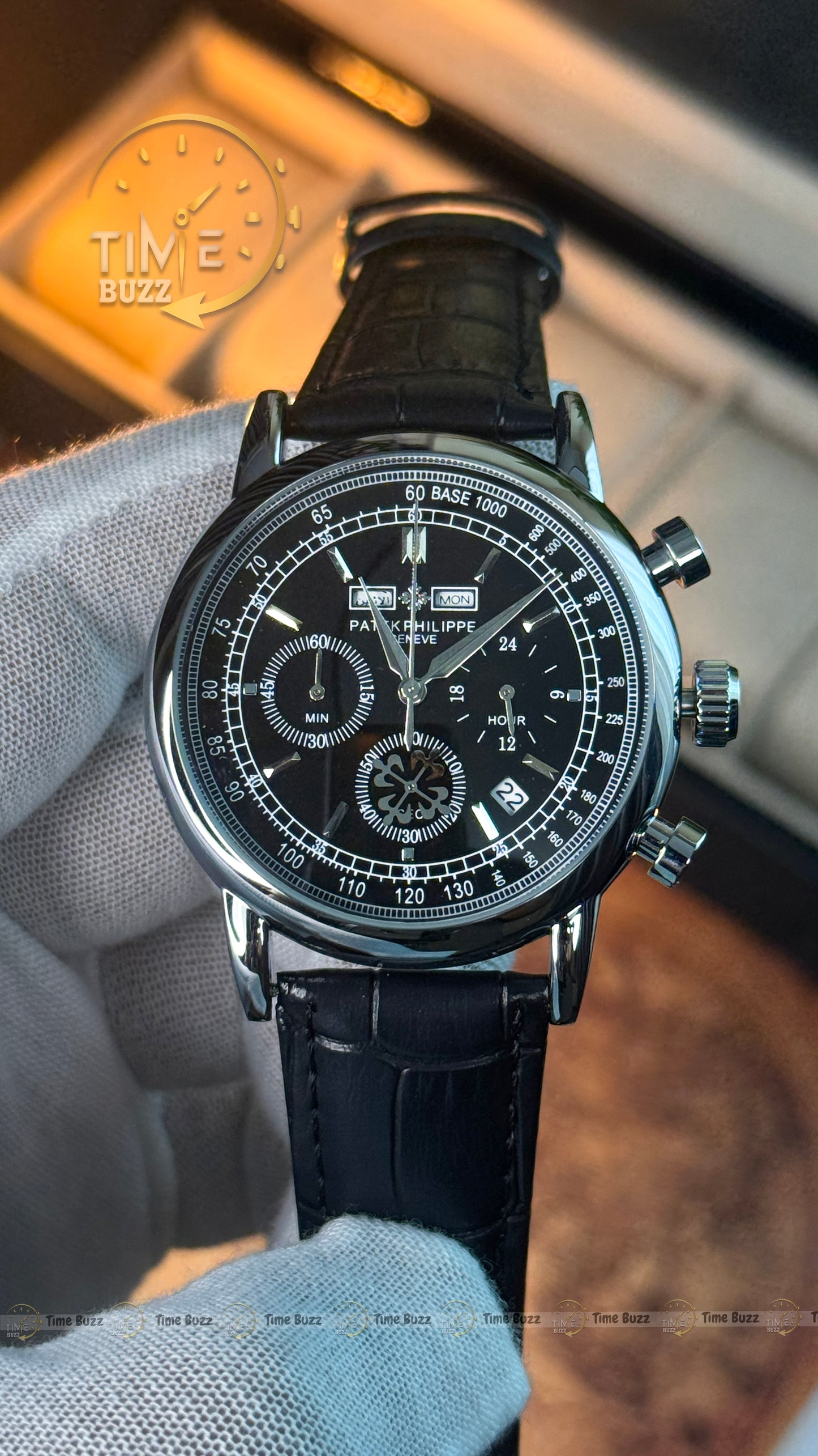 Patek Philippe Geneve Men's Chronograph Watch – Black Dial, Day-Date & Black Leather Strap