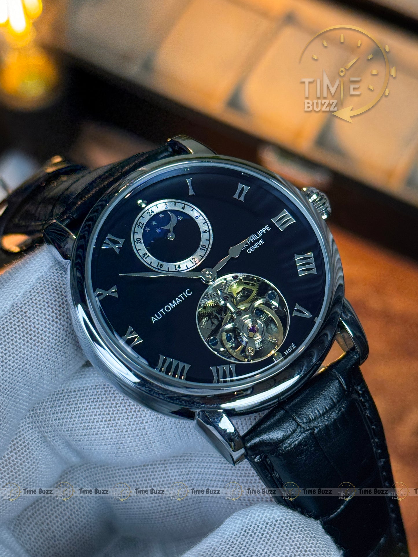Patek Philippe Automatic Open Heart Moonphase Style Watch – Black Dial & Leather Strap