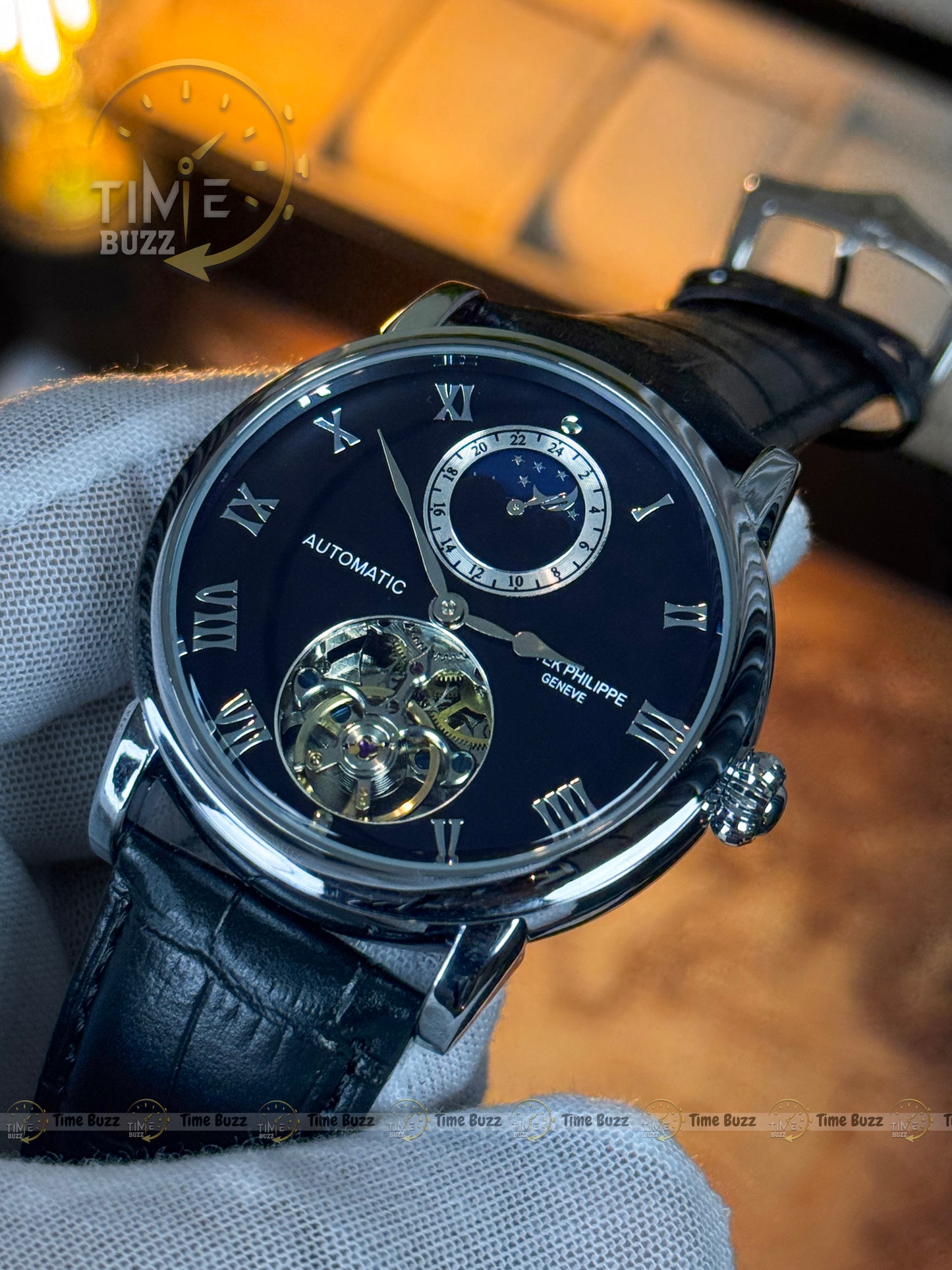 Patek Philippe Automatic Open Heart Moonphase Style Watch – Black Dial & Leather Strap
